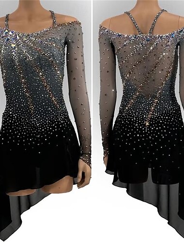  Robe de patinage artistique Femmes Fille Patinage Robe Noir Ourlet asymétrique Maille Haute Élasticité Entraînement Compétition Tenue de Patinage Classique cristal pailleté manche longue Patinage sur