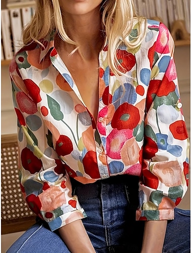  Dames Overhemd Blouse Bloemig Grafisch Elegant Stijlvol Casual Lange mouw Overhemdkraag Normale tops Werk Dagelijks Feestdagen Knop Rood Zomer Lente