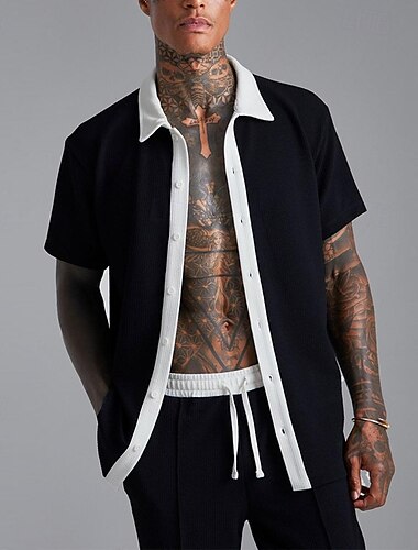  Hombre 2 Piezas Conjunto de camisa conjunto de verano Conjuntos a juego Camisa casual Camisa de Pana Negro Blanco Manga Corta Bloque de color Cuello Vacaciones Diario Ropa Moda Casual Cómodo