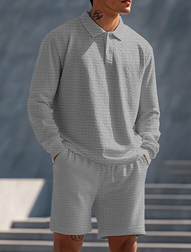  Herren Zweiteilig Poloshirts Reißverschluss-Polo Polo-Set Langarm Kurze Hose Polokragen Halber Reißverschluss Sommer Frühling Herbst Farbblock Klassisch Gymnastik Lässig 2 teilig Urlaub