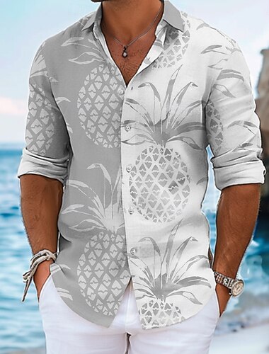  Herren Frucht Hawaiihemd Sommerhemd Aloha-Shirt Langarm Hawaiianisch Strand Design Urlaub Sommer Frühling Umlegekragen Knopf hoch Schwarz Gelb Rosa Blau Grau