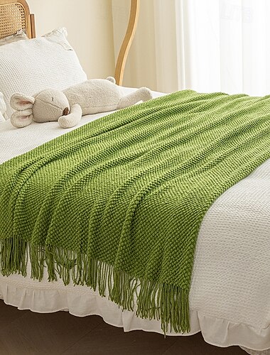  Couverture à pompon, couverture tricotée douce en tricot torsadé pour canapé, couverture à rayures printemps-automne pour lit, canapé, couvertures légères et confortables, écharpe pour filles et