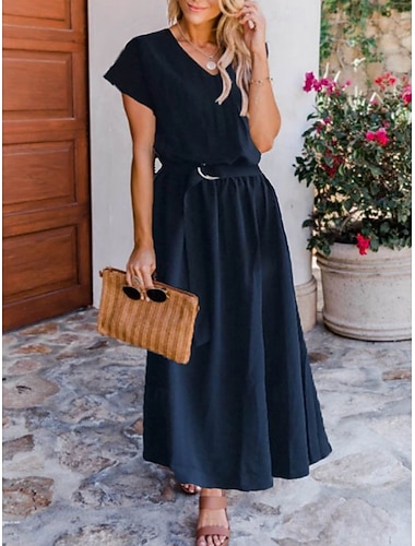 Damen Maxikleid schwarzes kleid Cocktailkleid Schwingkleid Abendkleid Elegant Stilvoll Lässig Täglich Urlaub Lässiger Schnitt Einfach Kurzarm V Ausschnitt Schwarz Rosa Marineblau Sommer