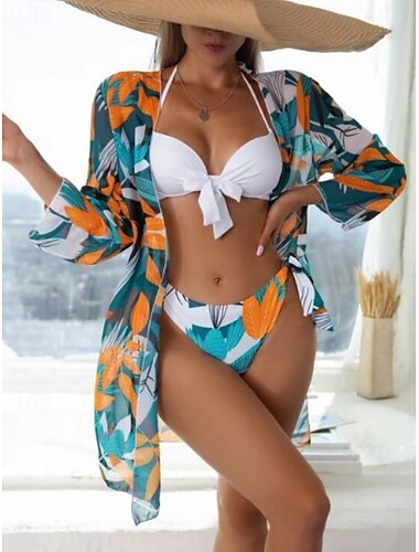  Femme Maillots de Bain Bikinis Trois pièces Slip Brésilien Maillot de bain Dos Nu Mince Vacances Tenues de plage Feuilles Dos nu Sans Manches manche longue Maillots de bain