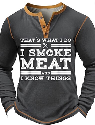  Herren Graphic Buchstabe I SMOKE MEAT Henley Shirt Tee Langarm Vintage Modisch Designer Outdoor Casual Täglich Frühling & Herbst Armee-Grün Dunkelgrau Marineblau Dunkelblau Henley Henley T-Shirt