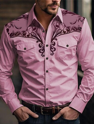  Herren Blumen Westernhemd Bedruckte Hemden Langarm Vintage westlicher Stil Freizeitskleidung Ausgehen Wochenende Frühling Sommer Umlegekragen Tasche Bedruckt Button-Down Hellblau Weiß Rosa Blau Grün