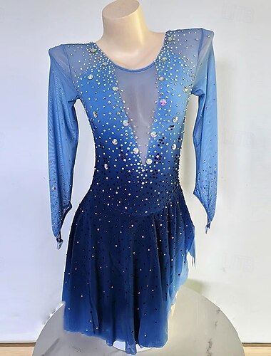  Eiskunstlaufkleid Damen Mädchen Eislaufen Kleid Blau Daumenloch Asymmetrischer Saum Netzstoff Hohe Elastizität Training Wettbewerb Eiskunstlaufkleidung Klassisch Kristall / Strass Langarm Eislaufen