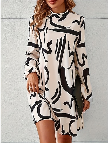  Per donna Mini abito Abito casual Informale Giornaliero Standard Pop art Manica lunga A collo alto Bianco Estate Primavera Autunno