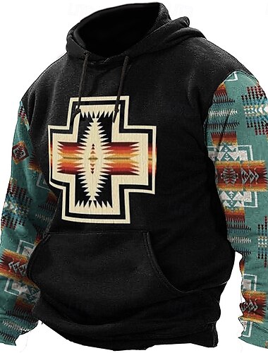  Homens asteca Cowboy Moletons Moletom Casacos Moletom com capuz Gola Redonda Étnico Impressão 3D Feriado Streetwear Preto Azul Com Cordão Outono Inverno Designer