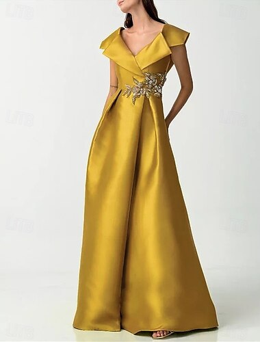  A-Linie Abendkleid Elegantes Kleid Hochzeitsgast Bodenlänge Kurze Ärmel V-Ausschnitt Tasche Satin mit Strass 2025