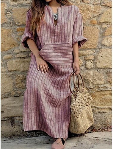  Mulheres Normal Vestido Longo Vestidos inspirados em linho à moda Casual Férias Diário Normal Gráfico Manga Longa Gola Redonda Vermelho Verde Cinzento Primavera Outono