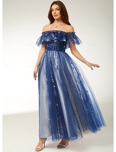  Robe de bal trapèze élégante, tenue de soirée pour invités de mariage, longueur au sol, manches courtes, épaules dénudées, tulle avec broderie, 2025