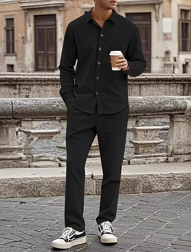  Herren 2 Stück Hemden-Set Passende Sets Lässiges Hemd Kragenhemd Knopfhemd Schwarz Weiß Dunkelmarine Kaki Grau Langarm Glatt Kragen Urlaub Täglich Bekleidung Modisch Brautkleider schlicht