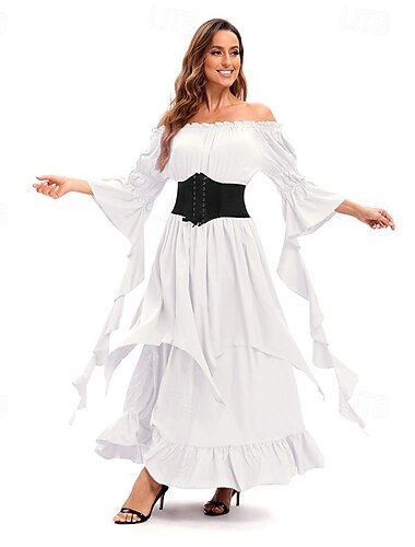  Retro Vintage Medieval Vestidos Sino Manga Princesa Viking Elfo Fantasia Mulheres Celta Pirata Fantasia Dia Das Bruxas Carnaval Baile de Máscaras Casual / Diário LARP Adulto Vestido Cinto Todas as