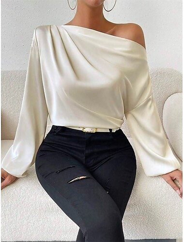  Women's Blouse Solid Color Basic Casual Long Sleeve Lantern Sleeve Asymmetrical Regular Tops Work Daily Holiday Ruched Patchwork White Green Beige Spring Fall
