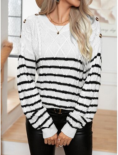  Damen Pullover Brautkleider schlicht Weich Gestreift Gedrehtes Rundhalsausschnitt Strick Langarm Normale Oberteile Stricken Outdoor Täglich Wochenende Weiß Aprikose Herbst Winter