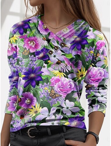  Damen T Shirt Tier Stilvoll Brautkleider schlicht Langarm V Ausschnitt Normale Oberteile Täglich Knopf Bedruckt Gelb Blau Himmelblau Purpur Herbst Winter