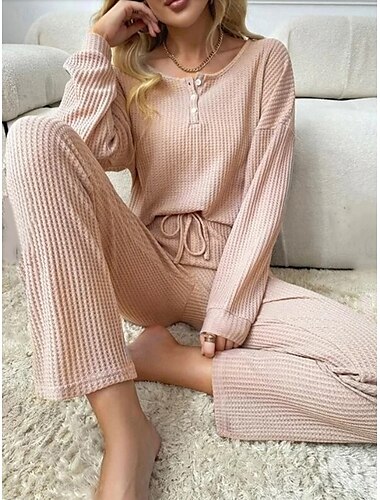  Per donna Pigiami loungewear 2 pezzi Informale Colore puro Collage Bottoni maglietta Pantalone Interni Manica lunga Stondata Nero Rosa Grigio chiaro Primavera Autunno Inverno Taglio sartoriale