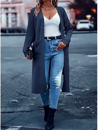  Damen Pullover Strickjacke Elegant Modisch Strassenmode Einfarbig V Ausschnitt Tasche Strick Langarm Normale Oberteile Stricken Outdoor Täglich Wochenende Weinrot Marineblau Herbst Winter