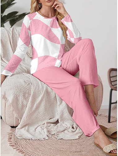  Valentin Kvinnors Pyjamas Set Casual Komfort Bekväm Geometrisk T Shirt Byxor Hem Valentindagen Daglig Lång Ärmar Rund Hals Rosa Vår Höst Vinter