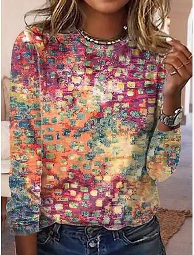  Dames T-shirt Ombre Geometrisch Modieus Modern Casual Lange mouw Strakke ronde hals Normale tops Dagelijks Weekend Afdrukken blauw Oranje Herfst Winter