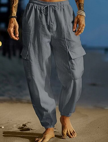  Herren Cargohose Leinenhose Sommerhosen Strandhose Kordelzug Elastische Taille Multi Pocket Glatt Komfort Atmungsaktiv In voller Länge Outdoor Täglich Festtage Urlaub Modisch Schwarz Weiß