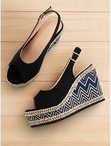  Damen Peep-Toe Slingback Keilsandaletten mit bunter Zickzack-Espadrille-Sohle - Boho Sommerschuhe für Freizeit und Strand