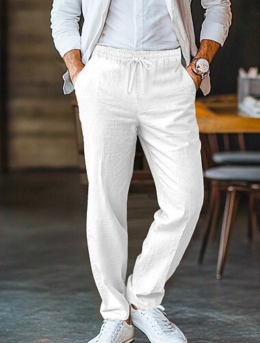  Herren Leinenhose Hose Hosen Tasche Kordelzug Glatt Komfort Atmungsaktiv Geschäft Täglich Geschäftlich Einfach Hellkaki Schwarz Mikro-elastisch