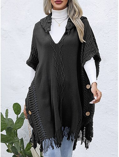  Damen Zur Seite fahren Brautkleider schlicht Feste Farbe Gerippt V Ausschnitt Patchwork Quaste Ärmellos Ärmellos Lange Oberteile Stricken Outdoor Verabredung Schwarz Grün Frühling Herbst