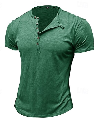  100 % Baumwolle, Herren-T-Shirt, Henley-Shirt, Kurzarmhemd, T-Shirt, Top, schlicht, Vintage, Designer, Basic, Henley zum Zuknöpfen, Urlaub, Straße, lässig, Alltag, Frühling, Sommer, schwarz, weiß, hellgrün, Henley-T-Shirt
