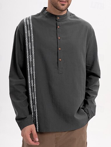  Herren Hemd Hemd mit chinesischem Kragen Hemd mit Stehkragen Popover-Shirt Lässiges Hemd Strandhemd Schwarz Königliches Blau Himmelblau Kaki Armeegrün Langarm Farbblock Ständer Urlaub Festtage
