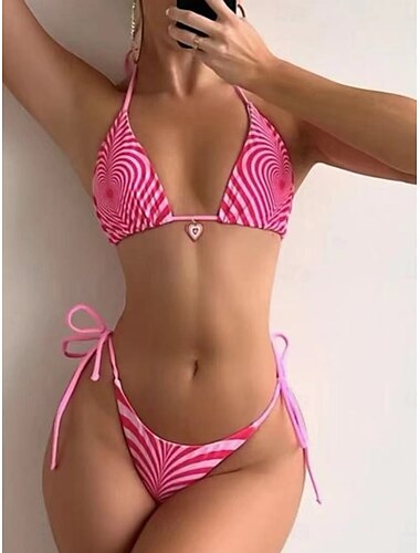  Maillot de bain 2 pièces rose pour femme, bikini, string, dos nu, slim, vacances, plage, graphique, col licou, sans manches