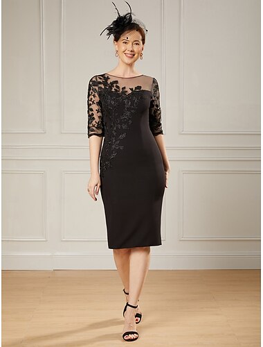  Sheath  Spalte Brautmutter Kleid Elegant Illusion Ausschnitt Knie Länge Kurz  Mini Spitze Stretch Stoff Halbe Ärmel mit Perlenstickerei Derby Kleid Renntag Kleid 2025