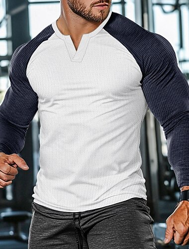  Herren Waffel-T-Shirt Waffelhemd T Shirt T-Shirt Langarm V Ausschnitt Frühling & Herbst Farbblock Mode Designer Basic Patchwork Straße Sport Alltagstauglich Schwarz Grau Marineblau Top T-Shirt für