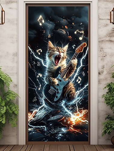  Türdekorationen, Türabdeckungen, lustige Rock-Katze, Türteppich, Türvorhang, Dekoration, Hintergrund, Türbanner für drinnen und draußen, für die Haustür, Bauernhaus