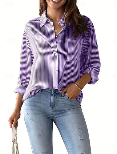  Damen Hemd Bluse Gestreift Basic Brautkleider schlicht Langarm Hemdkragen Normale Oberteile Täglich Knopf Bedruckt Rosa Blau Purpur Grau Sommer Frühling