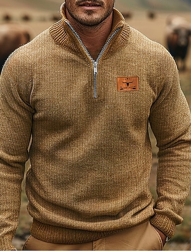  Hombre Suéter de punto Jersey con cremallera Suéter Polo Cuello con cremallera Retro Antiguo Casual Ropa de fiesta de noche Diario Bordado Tejido en Punto Cálido Manga Larga Otoño Invierno Negro