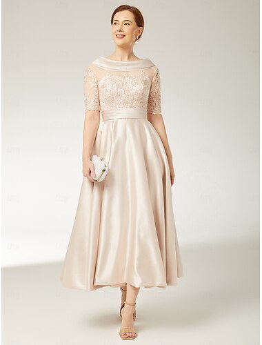  A-Linien-Kleid für die Mutter der Braut, eleganter Vintage-U-Ausschnitt, bodenlang, Satinspitze, halbe Ärmel mit gerafften Applikationen, 2025
