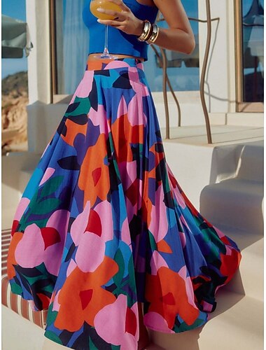  Damen Rock A-Linie Schaukel Modisch Brautkleider schlicht Maxi Hoher Taillenbund Röcke Blumen Bedruckt Mikro-elastisch Strasse Täglich Blau Sommer Polyester
