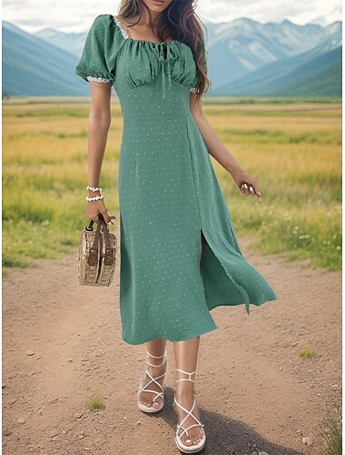  Damen Midikleid Casual kleid A Linie Kleid Milchmädchen-Kleid Stilvoll Basic Brautkleider schlicht Urlaub Täglich Regular Fit Glatt Kurzarm Quadratischer Ausschnitt Grün Sommer Frühling