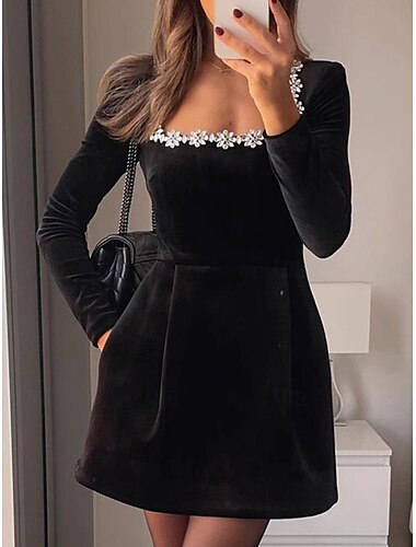 Damen Elegantes Kleid Midikleid Patchwork Elegant U-Ausschnitt Schwarz Weiß Rote Farbe