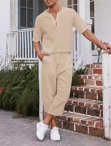  Hombre Camisa 2 Piezas Conjunto de camisa Camisa de verano Conjuntos a juego Plano Vacaciones Calle Negro Blanco Azul Marino Caqui Manga Corta Escote en Pico Verano Ropa