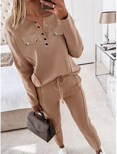  Damen Modisch Strassenmode Täglich Bluse Chinesisch Chino Langarm Rundhalsausschnitt Glatt Casual Täglich Rosa Braun Herbst Regular Fit