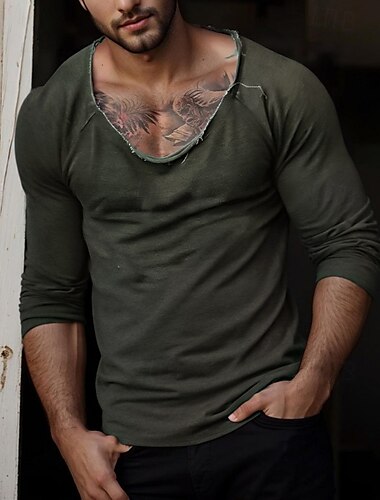  Homens Camiseta Camisa de manga longa Manga Longa Gola Redonda Primavera Outono Inverno Moda Casual Angustiado Crewneck Treino Ao ar livre Casa Preto Branco Verde Top Tee para Homens