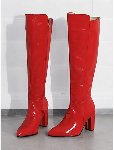  Schwarze Damen-Kniestiefel aus Lackleder mit Blockabsatz, schlichtes Design für modische Abendgarderobe und besondere Anlässe