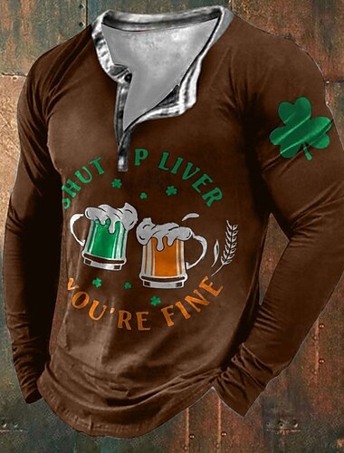  男性用 聖パトリック グラフィック シャムロック ビール Tシャツ Tシャツティー ティートップ 長袖 3Dプリント ファッション デザイナー ベーシック バケーション ストリート お出かけ 春 & 秋 ブラック グリーン コーヒー グレー ヘンリー ヘンリーTシャツ