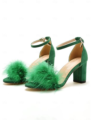  sandales de mariage à talon carré ornées de plumes pour femmes – chaussures de soirée de mariée élégantes avec bride à la cheville