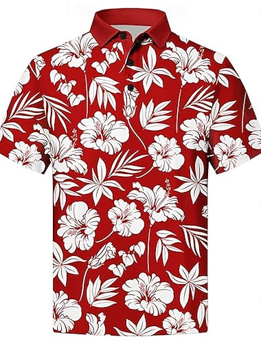  Herre Blomstret Polo Kortermet Poloskjorter Skjorter med krage Fritid Skole utendørs Hawaiisk Dagligdagstøy 3D-utskrift Sommer Vår Høst Rød