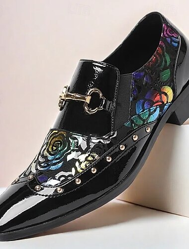  Schwarze Lacklederloafer für Männer mit goldener Spitze floralen und metallischen Schnallen – Premium-Kuhlederformalschuhe für Hochzeiten Partys und besondere Anlässe
