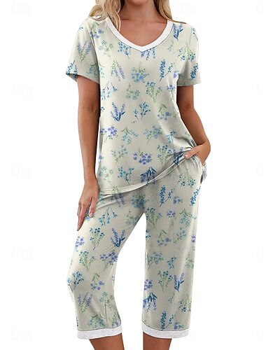  Naisten loungewear Yöpukusarja Vapaa-aika Mukavuus Kuvitettu Joustava vyötärö T-paita Housut Koti Päivittäin Pitkähihainen Tiukka pyöreä kaula-aukko Purppura Apila Harmaa Syksy Talvi